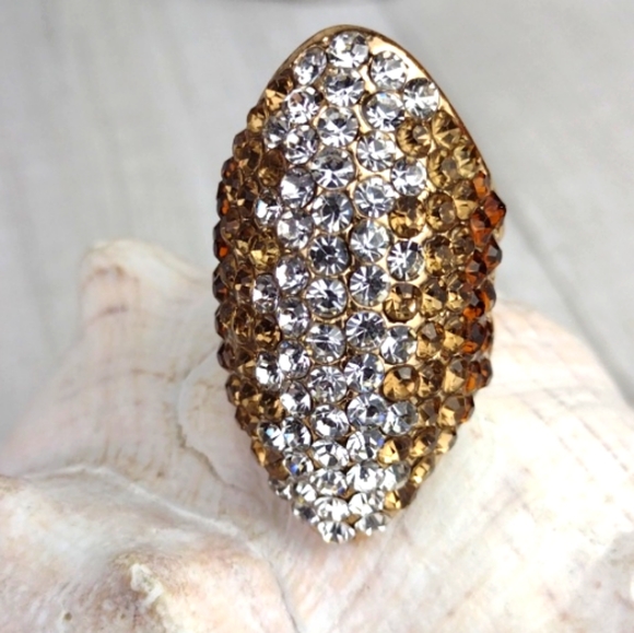 Amber & Gold Tone Sparkly Rhinestone Paved Cocktail Gorgeous Cocktail Ring - Picture 6 of 10